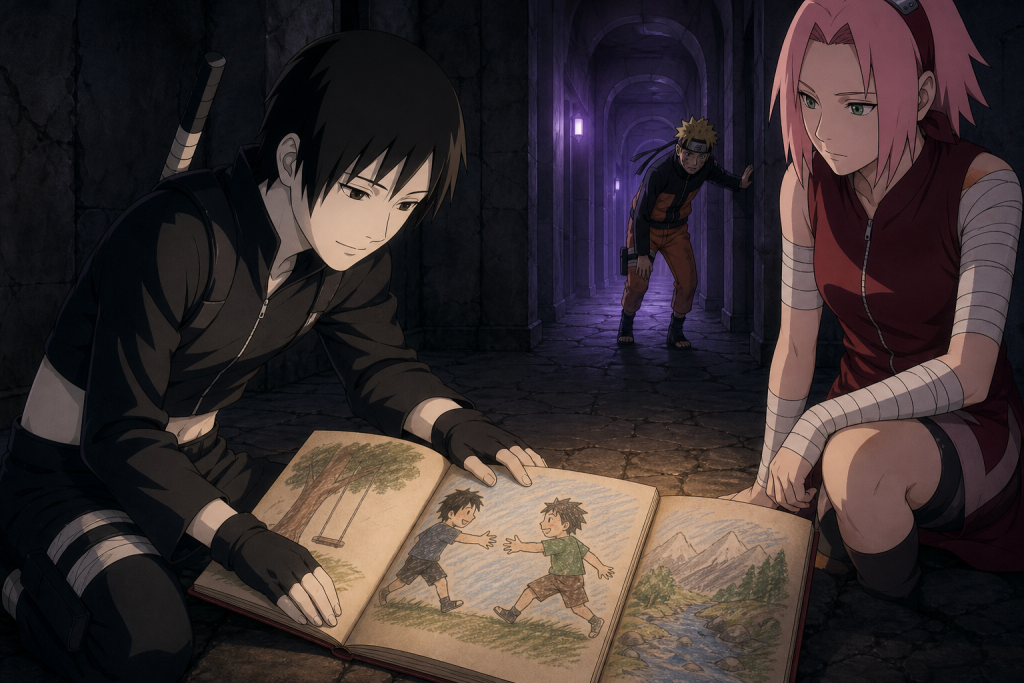 Sai completes the center page of his picture book while Sakura watches and injured Naruto searches the hideout in Naruto Shippuden Episode 50
