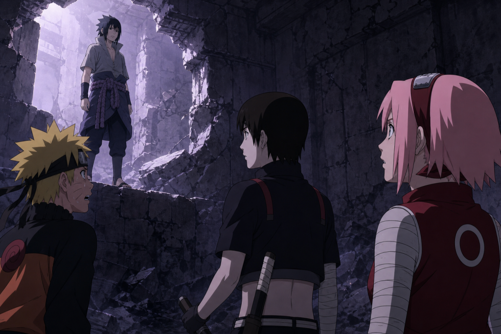 Naruto, Sakura and Sai finally face Sasuke across a collapsed chamber in Orochimaru's hideout in Naruto Shippuden Episode 51