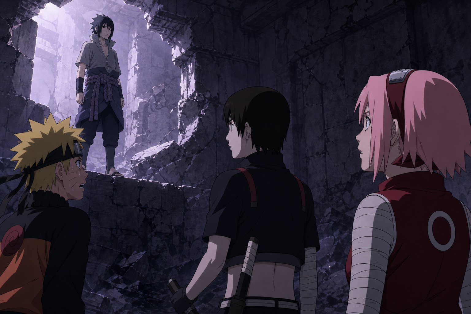 Naruto, Sakura and Sai finally face Sasuke across a collapsed chamber in Orochimaru's hideout in Naruto Shippuden Episode 51