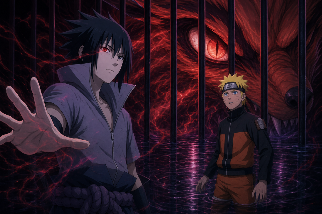 Sasuke uses his Sharingan to suppress the Nine-Tails while Naruto watches inside his mindscape in Naruto Shippuden Episode 52