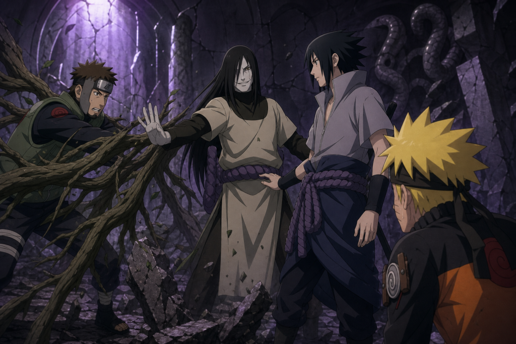 Orochimaru stops Yamato's Wood Release confrontation with Sasuke while Naruto watches in Naruto Shippuden Episode 53