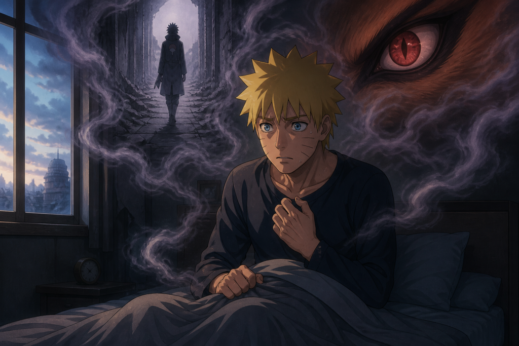 Naruto wakes from a nightmare as dream images of Sasuke and the Nine-Tails linger in his room in Naruto Shippuden Episode 54