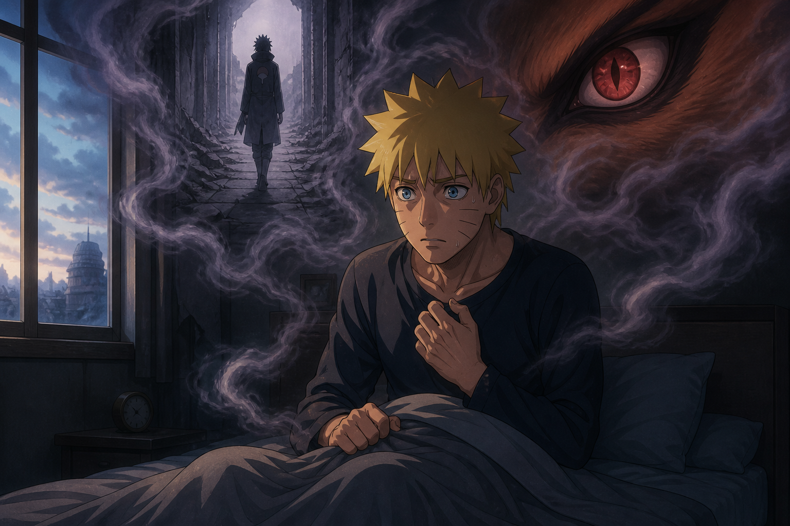 Naruto wakes from a nightmare as dream images of Sasuke and the Nine-Tails linger in his room in Naruto Shippuden Episode 54