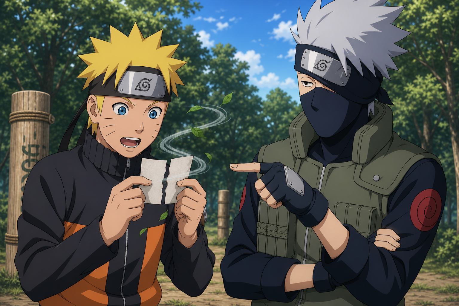 Naruto holds split chakra paper as Kakashi explains his wind nature at a Leaf training ground in Naruto Shippuden Episode 55