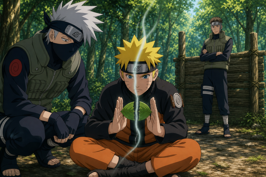 Naruto concentrates wind chakra to split a leaf while Kakashi and Yamato supervise in Naruto Shippuden Episode 56