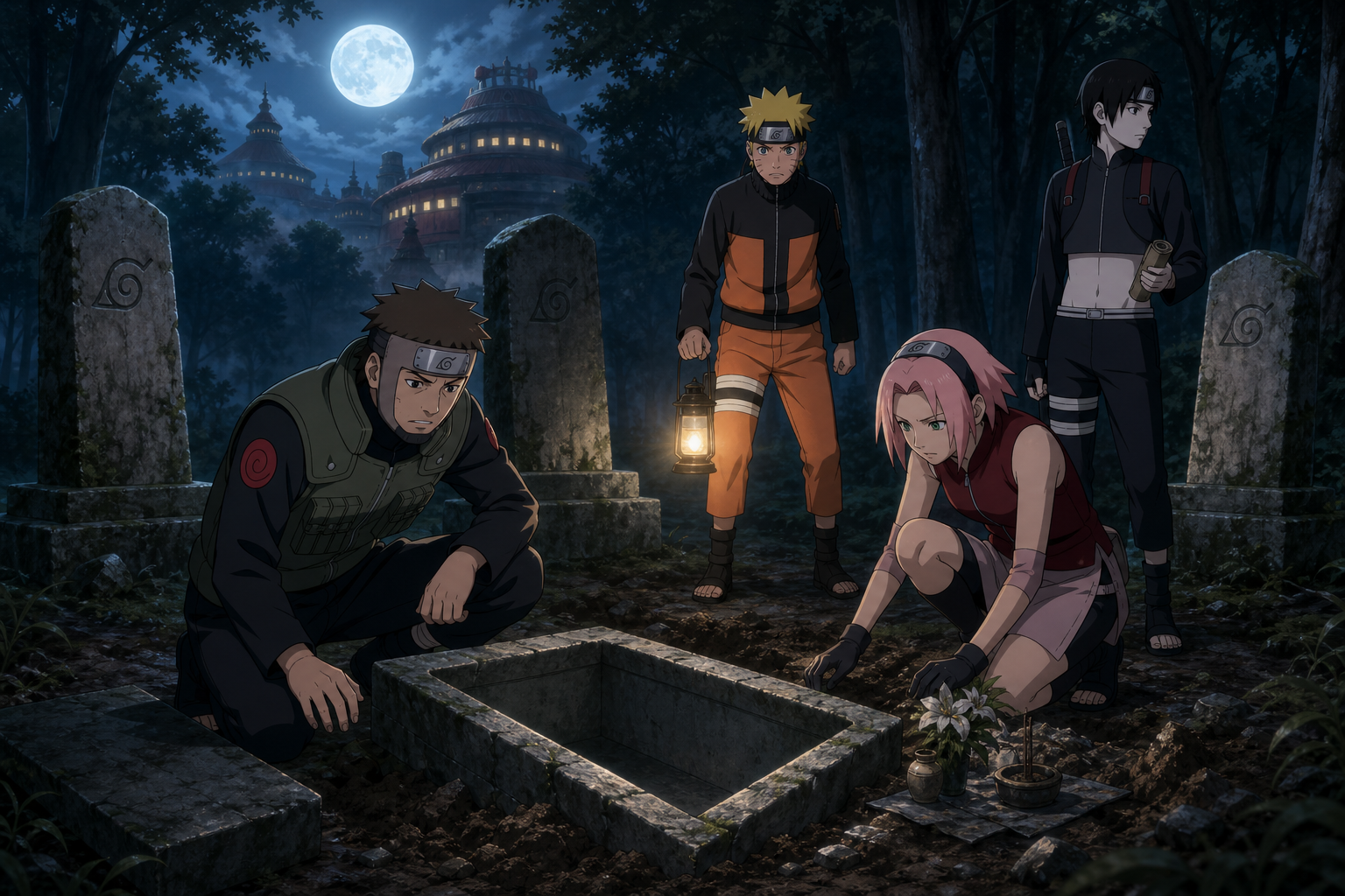 Yamato, Naruto, Sakura and Sai investigate an empty hidden tomb near the Fire Temple in Naruto Shippuden Episode 57