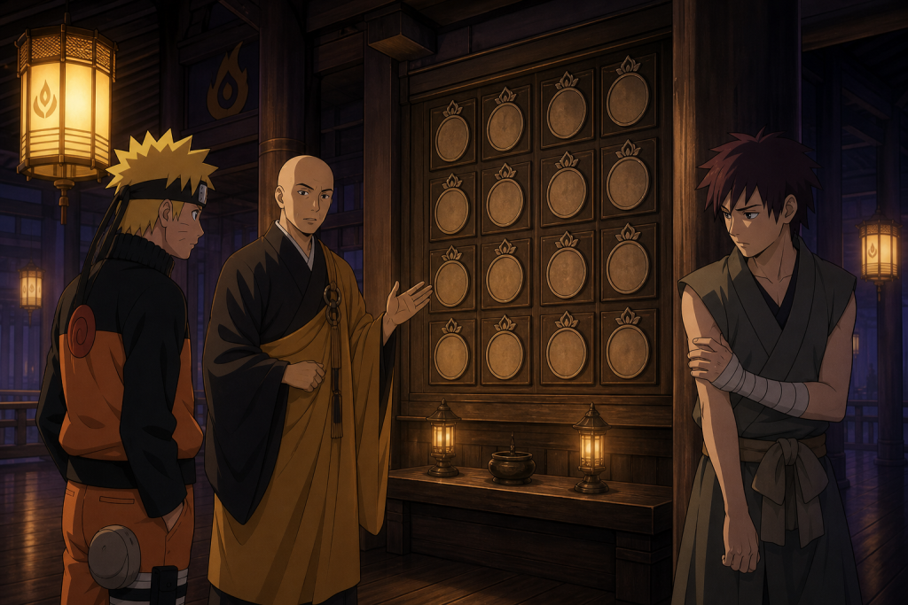 Chiriku explains a twelve-emblem memorial while Naruto notices isolated Sora at the Fire Temple in Naruto Shippuden Episode 58