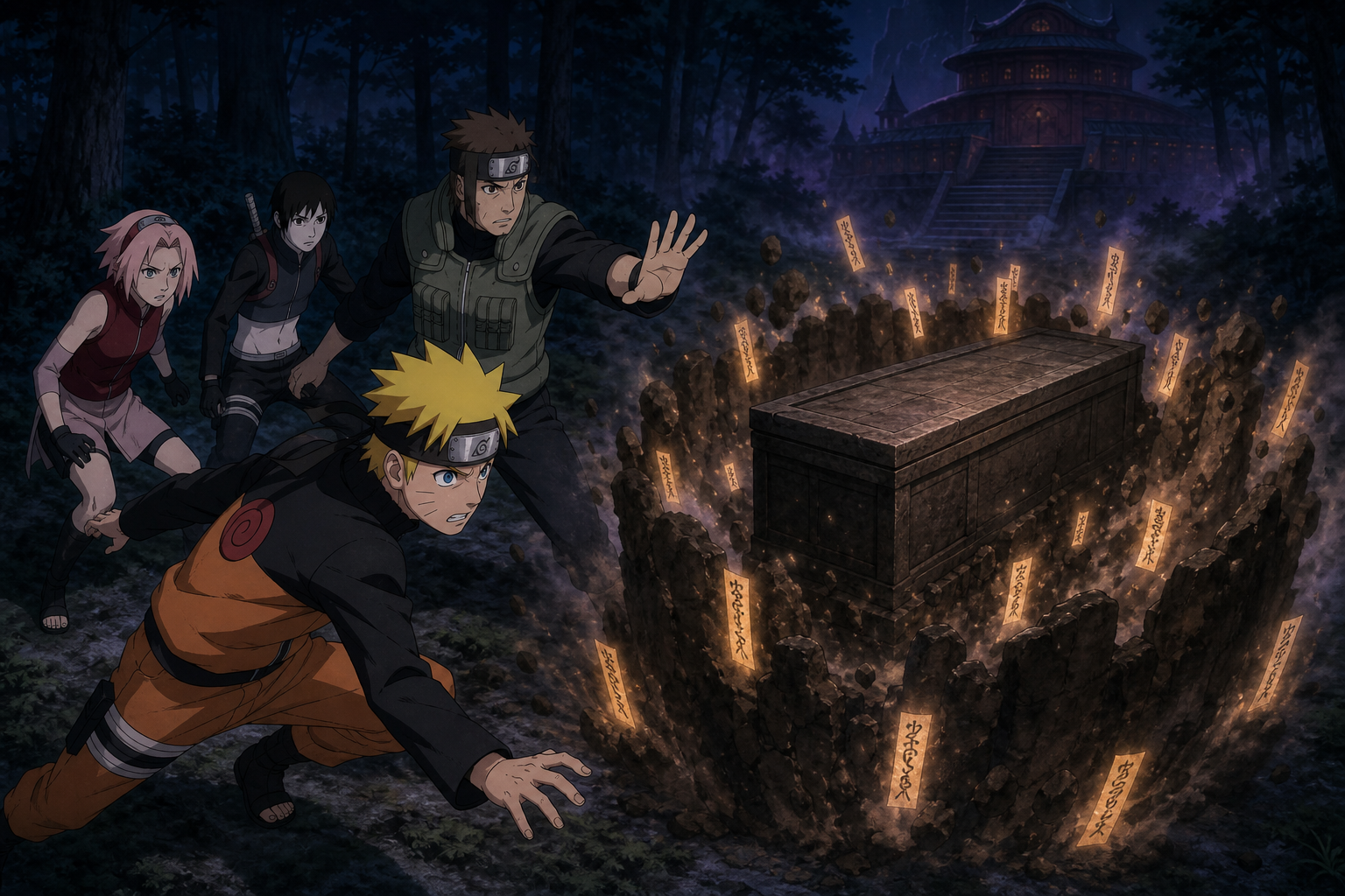 Team Kakashi stops before a stolen closed coffin as sealing tags and earth walls reveal a trap in Naruto Shippuden Episode 59