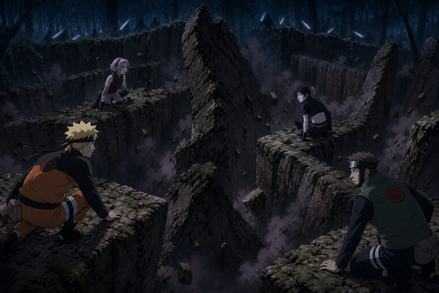 Earth Summoning Jutsu separates Naruto, Sakura, Sai and Yamato across moving stone corridors in Naruto Shippuden Episode 60