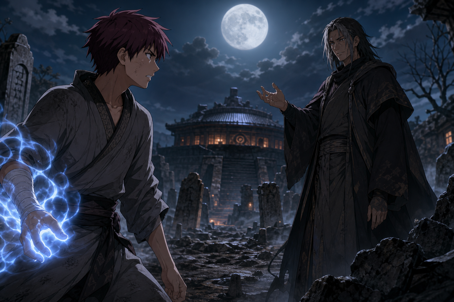 Sora confronts Furido among the hidden graves under moonlight in Naruto Shippuden Episode 61