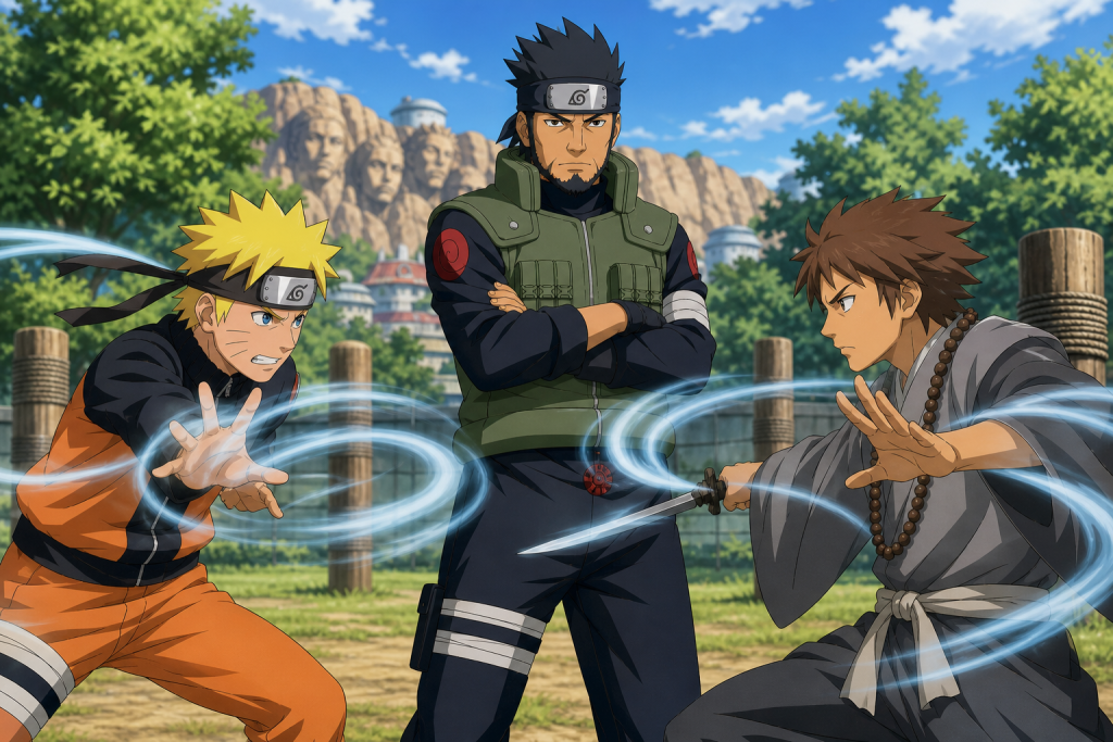 Asuma coaches Naruto and Sora as they practice wind chakra together in Naruto Shippuden Episode 63