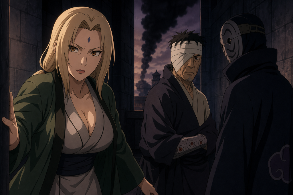 Tsunade discovers Danzo meeting a masked intelligence operative beneath a black signal plume in Naruto Shippuden Episode 64