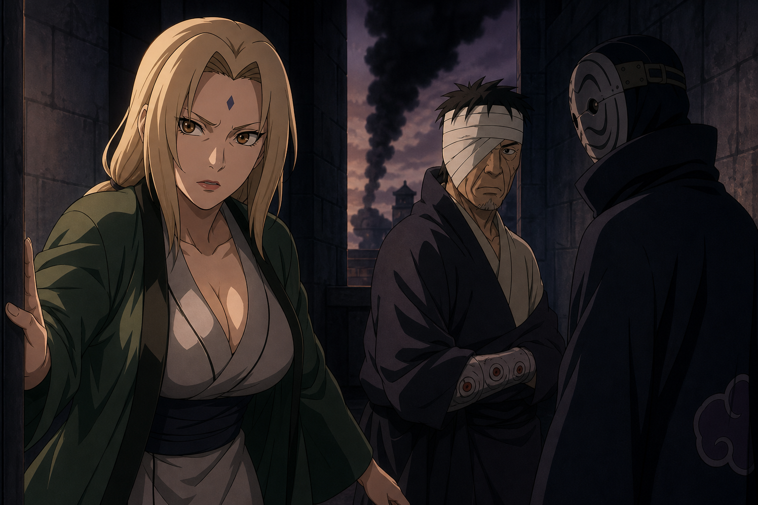 Tsunade discovers Danzo meeting a masked intelligence operative beneath a black signal plume in Naruto Shippuden Episode 64