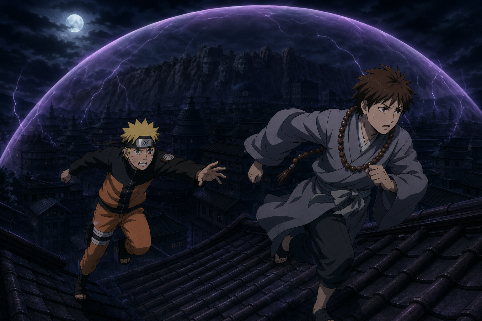 Naruto pursues Sora across dark Hidden Leaf rooftops beneath a sealed violet barrier in Naruto Shippuden Episode 65