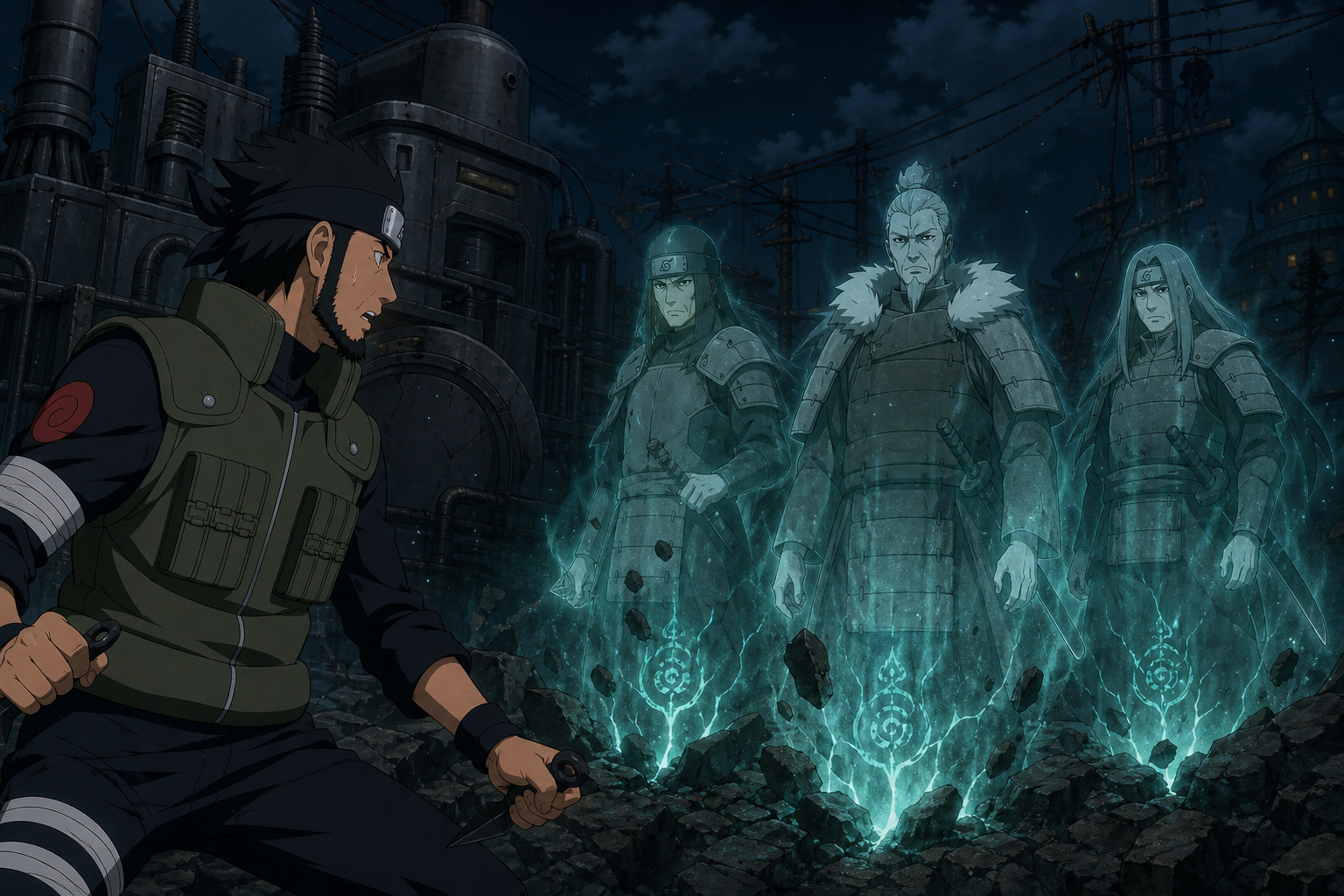 Asuma confronts three spectral revived Guardian Shinobi beside Konoha's damaged generator in Naruto Shippuden Episode 66