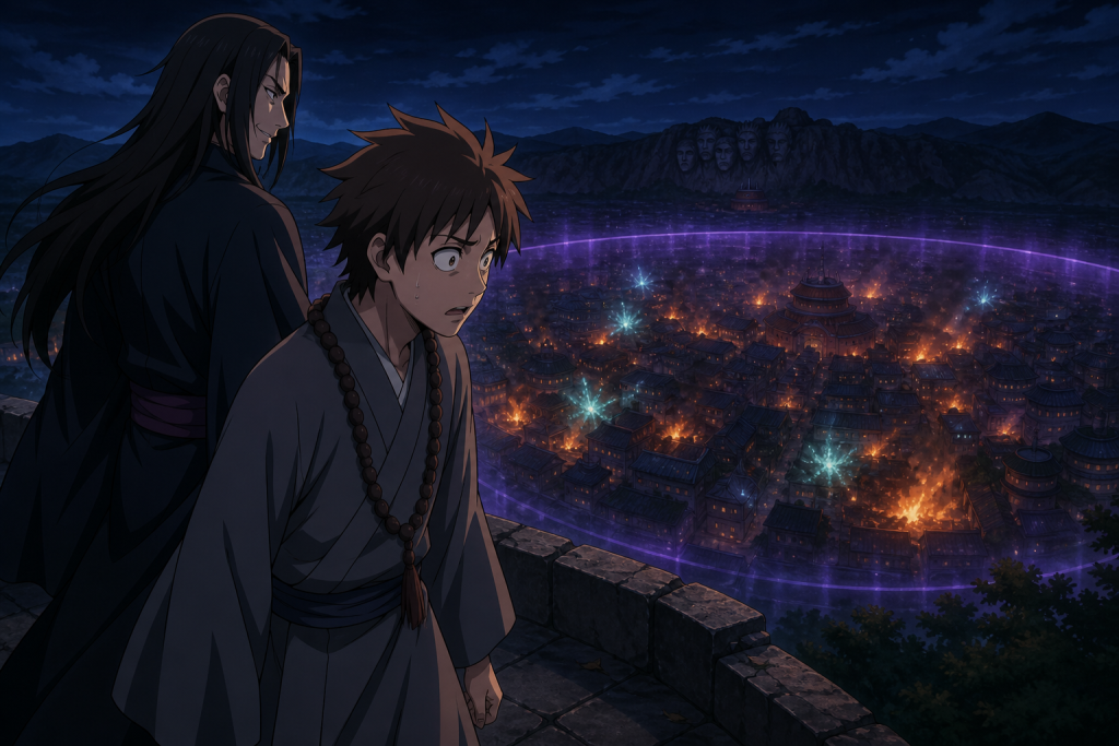 Sora recoils as Furido reveals the burning Hidden Leaf Village beneath their barrier in Naruto Shippuden Episode 67