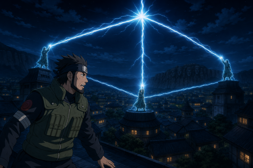 Asuma recognizes three revived Guardian Shinobi forming Limelight above Konoha in Naruto Shippuden Episode 68