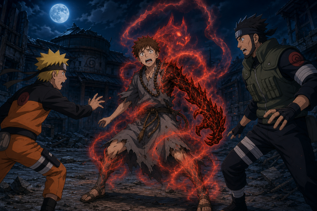 Naruto and Asuma reach terrified Sora as ominous red chakra transforms him in Naruto Shippuden Episode 69