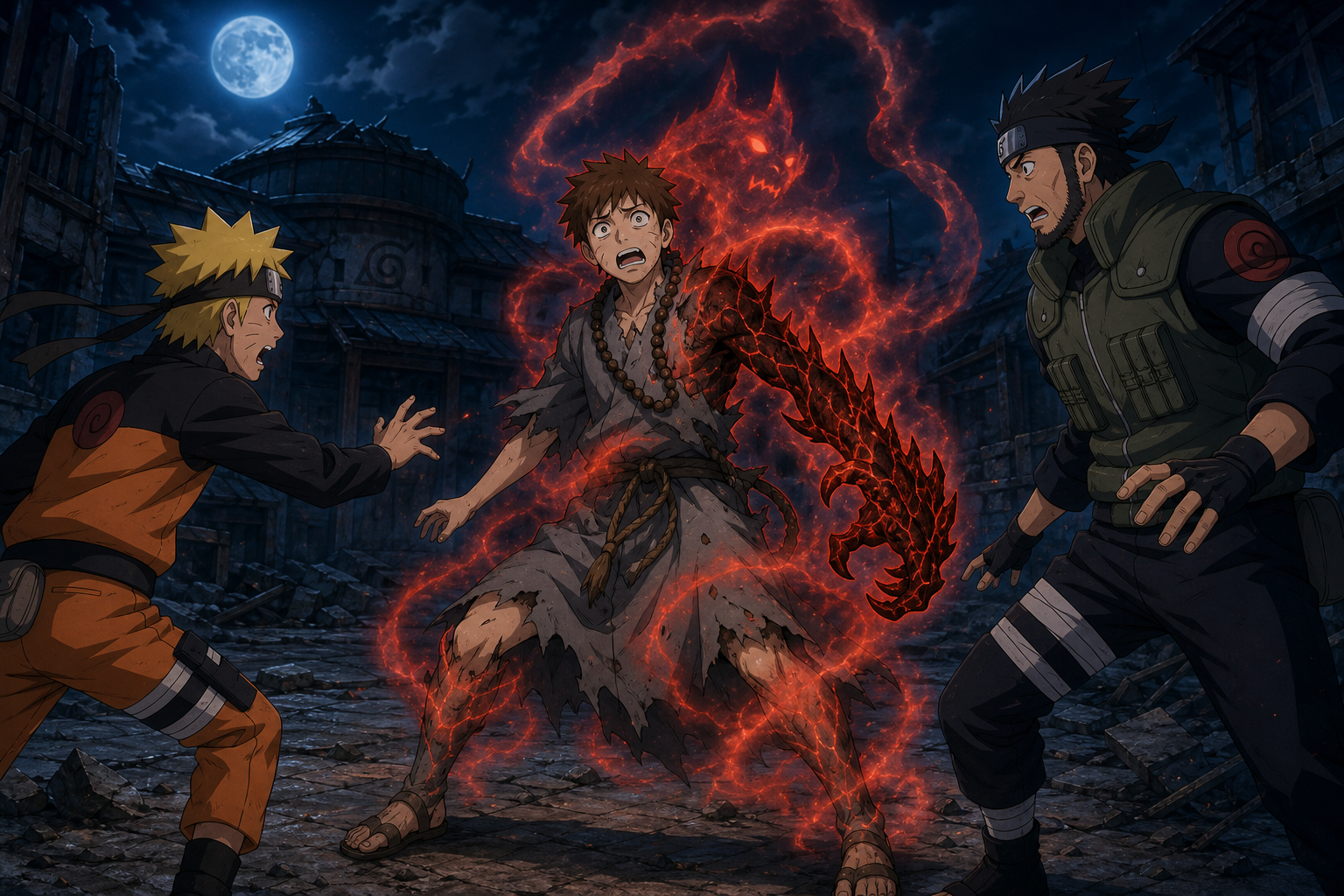 Naruto and Asuma reach terrified Sora as ominous red chakra transforms him in Naruto Shippuden Episode 69
