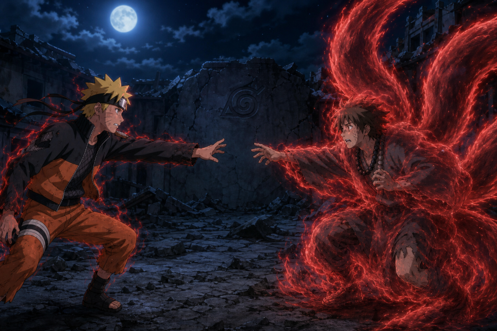 Naruto restrains his own red chakra while reaching toward Sora inside a four-tailed cloak in Naruto Shippuden Episode 71