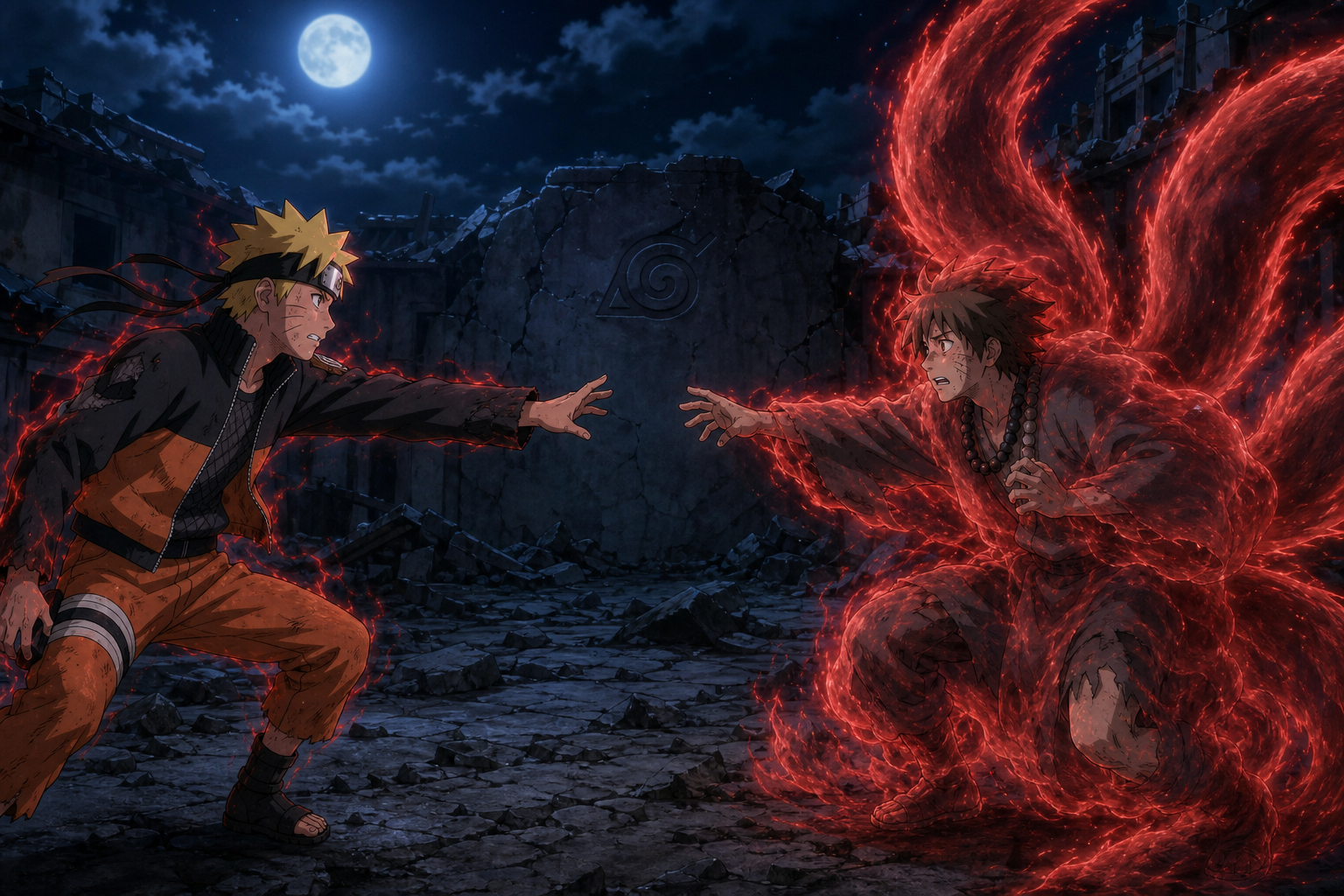 Naruto restrains his own red chakra while reaching toward Sora inside a four-tailed cloak in Naruto Shippuden Episode 71