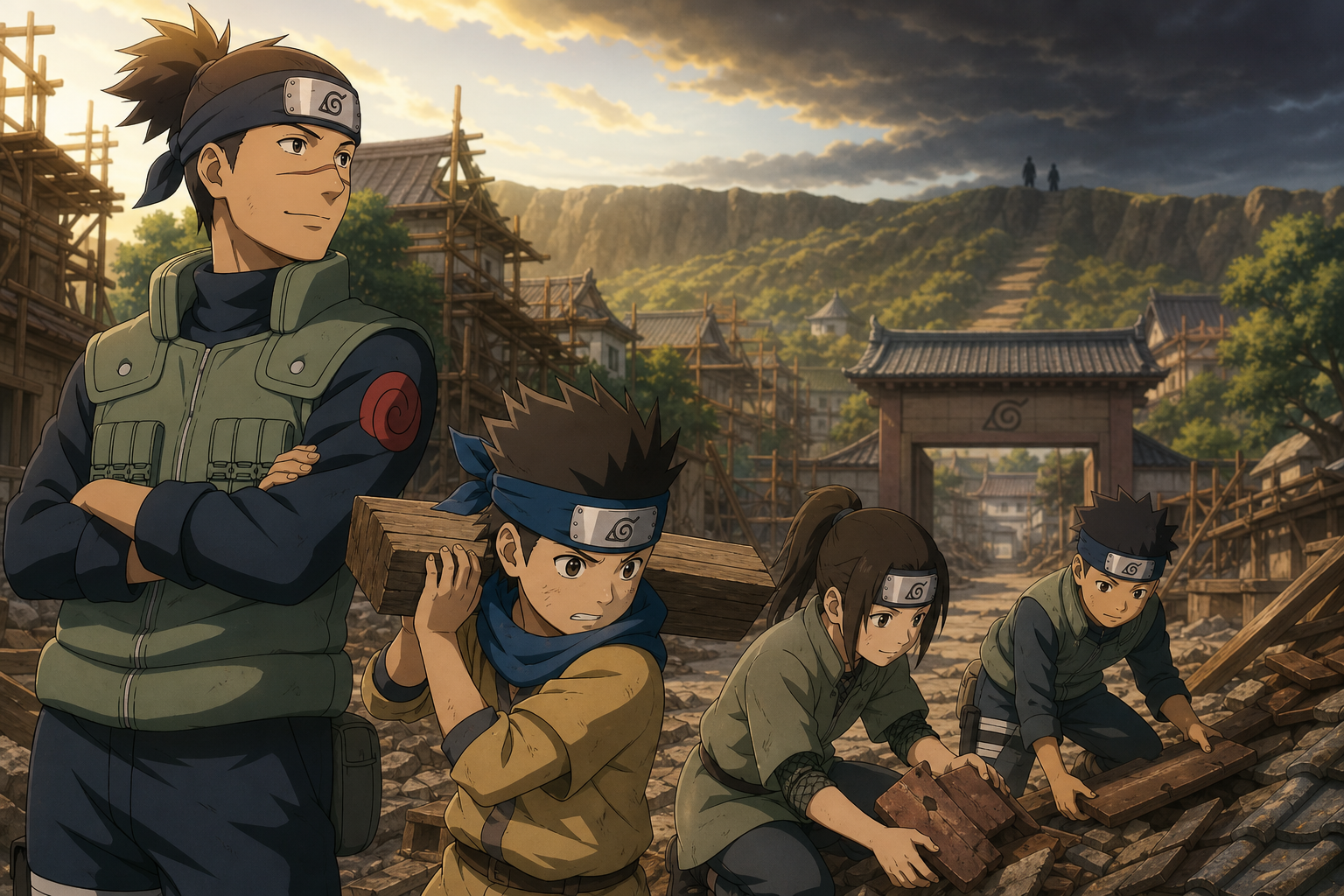 Iruka watches Konohamaru and academy students rebuild Konoha as two distant threats approach in Naruto Shippuden Episode 72