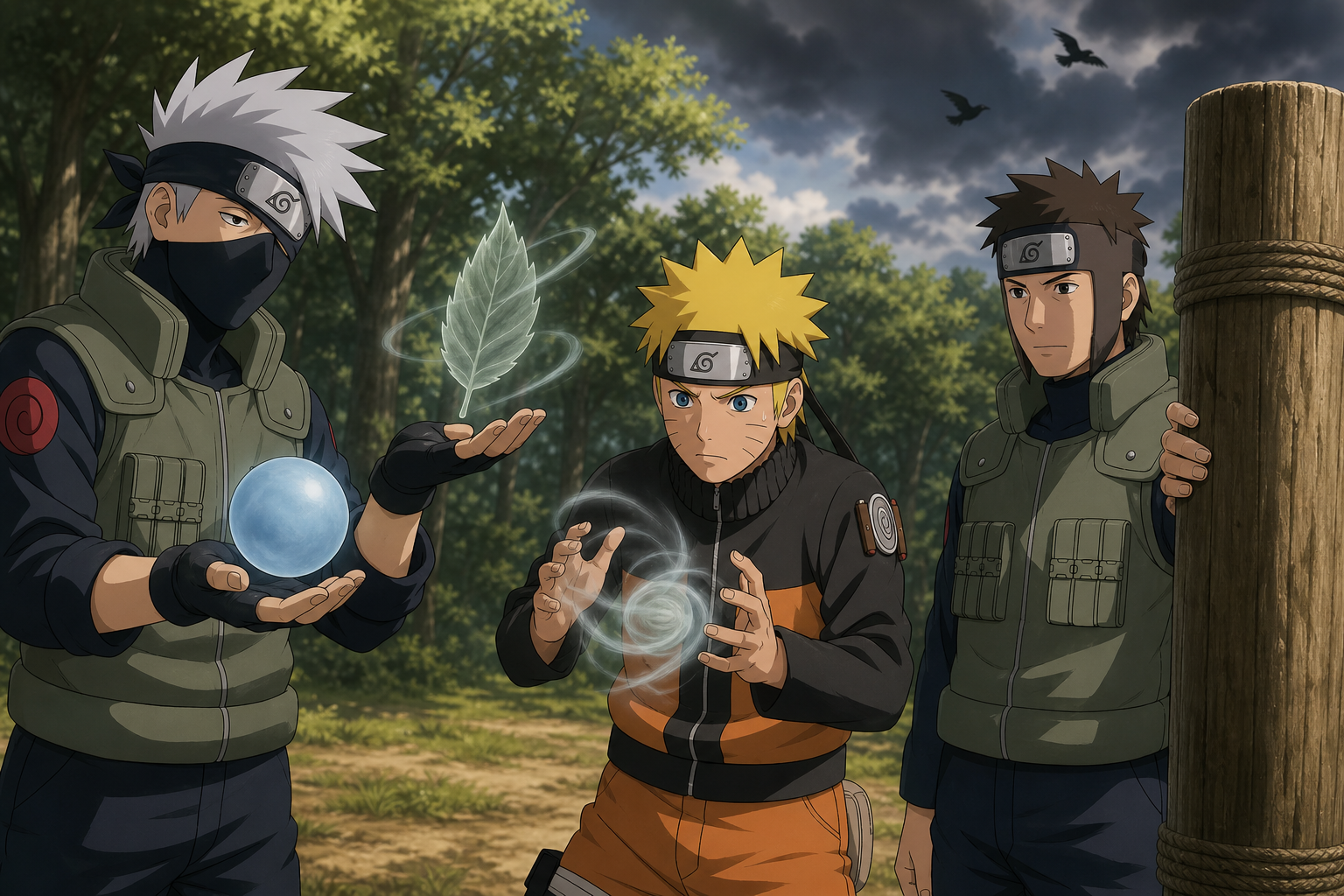 Kakashi teaches Naruto to combine chakra shape and wind-nature transformation while Yamato supervises in Naruto Shippuden Episode 73