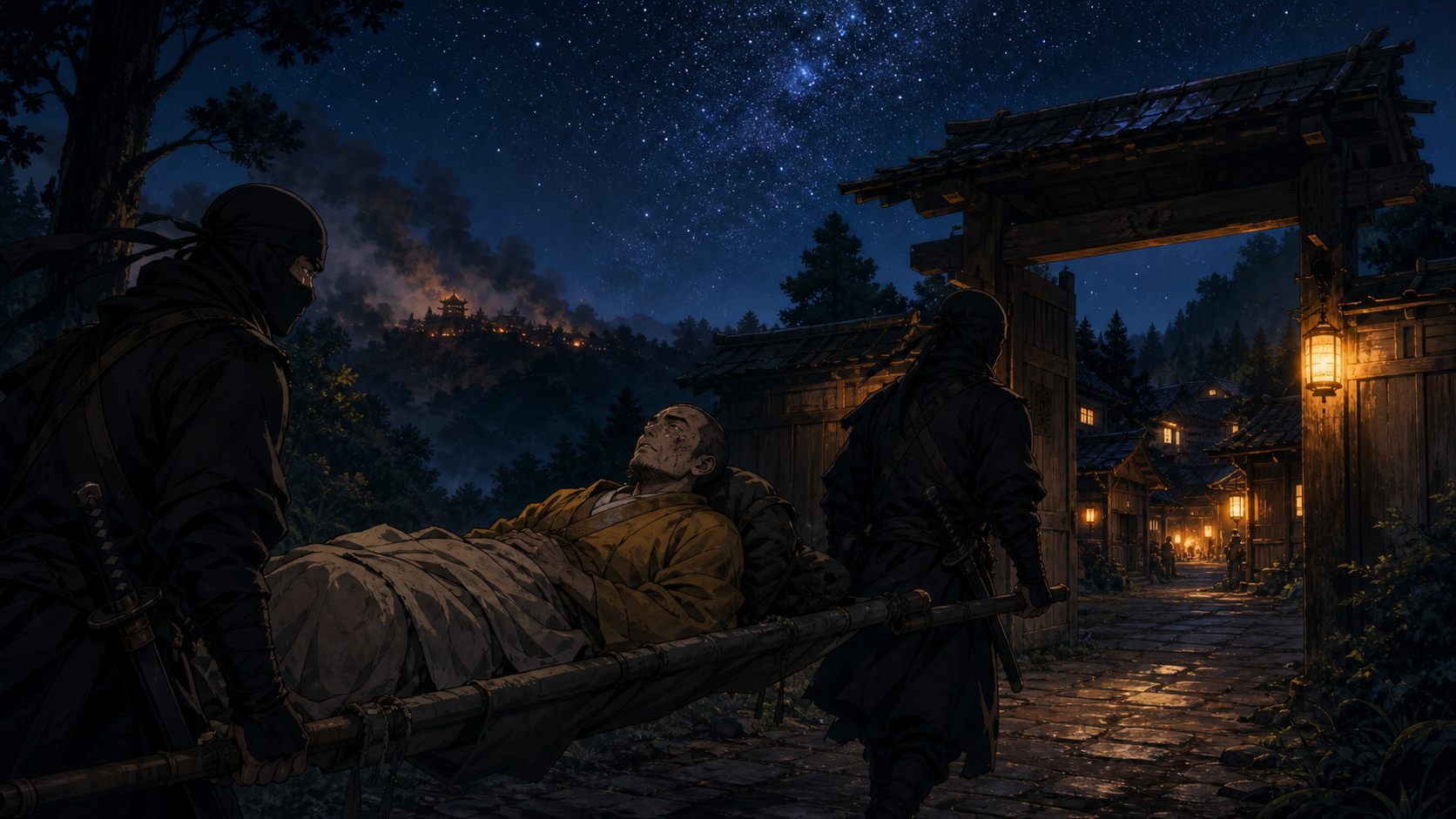 An injured Fire Temple monk is carried into the Hidden Leaf beneath a starry sky in Naruto Shippuden Episode 74