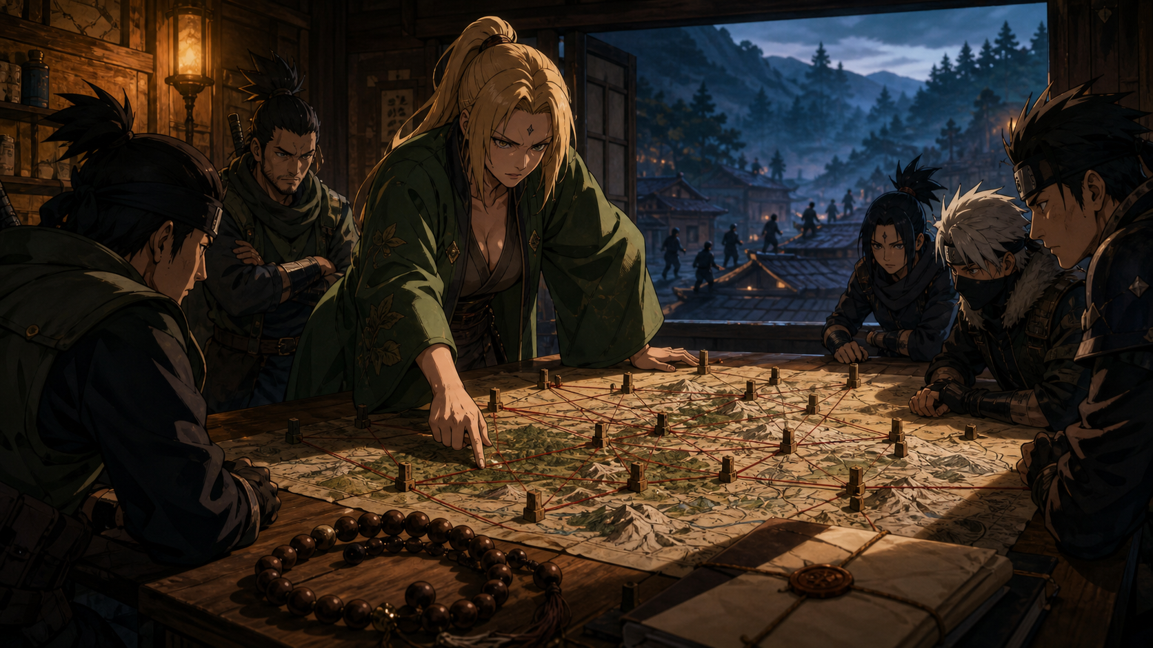 Tsunade directs a vast Hidden Leaf search across a tactical map beside an old monk's prayer beads in Naruto Shippuden Episode 75