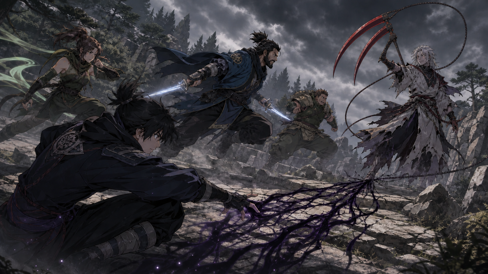 Asuma's four-person Leaf team confronts Hidan and his three-bladed scythe in Naruto Shippuden Episode 77