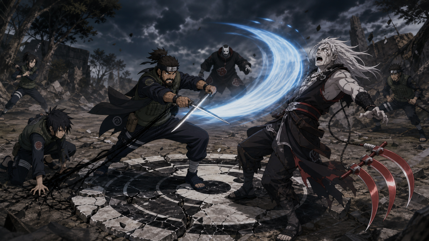 Shikamaru pulls Hidan outside the ritual circle as Asuma launches an all-out Wind Style counterattack in Naruto Shippuden Episode 79