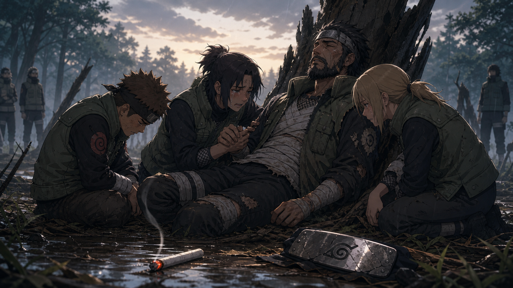 Asuma shares his final words with Shikamaru, Ino, and Choji beneath a broken tree in Naruto Shippuden Episode 80