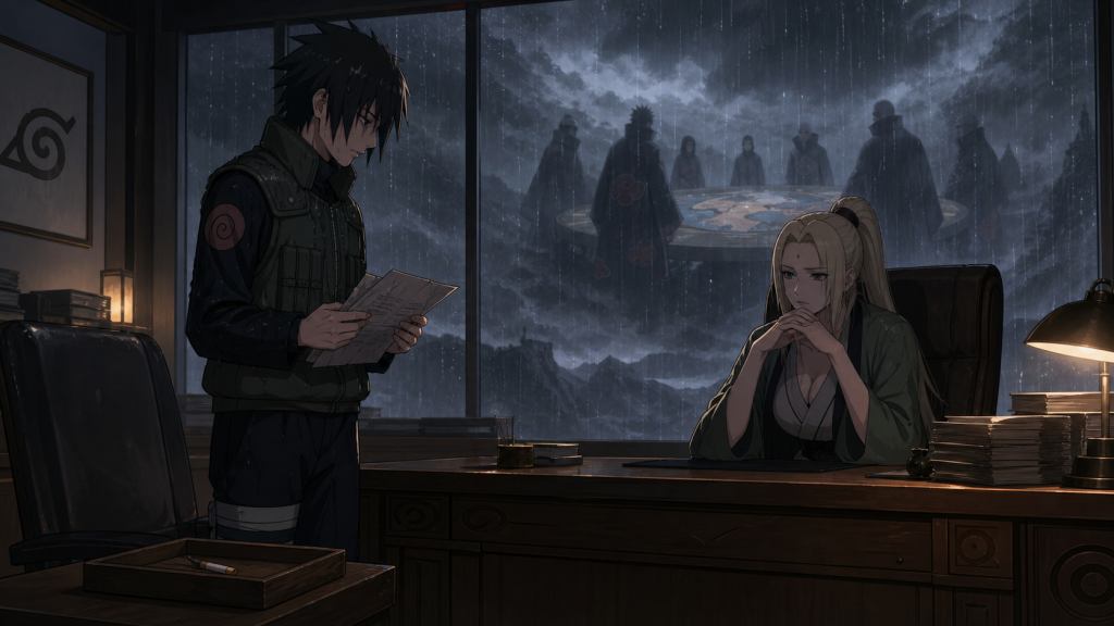 Shikamaru reports Asuma's mission to Tsunade while distant Akatsuki members gather around a world map in Naruto Shippuden Episode 81