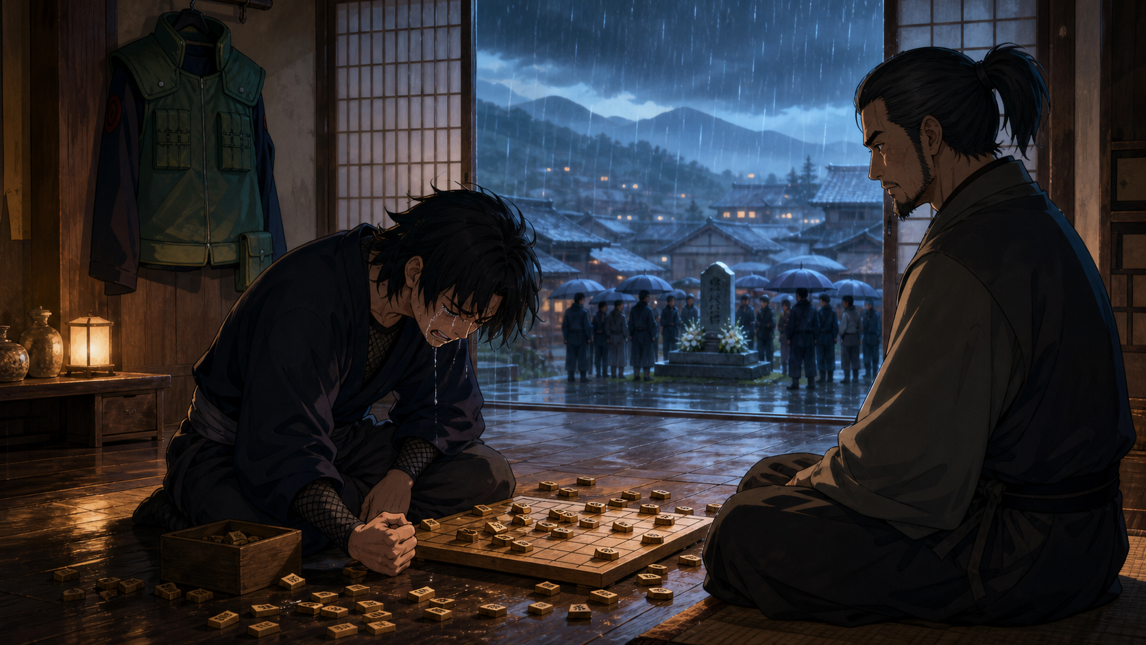 Shikamaru grieves across a scattered shogi board with his father while Asuma's funeral continues outside in Naruto Shippuden Episode 82
