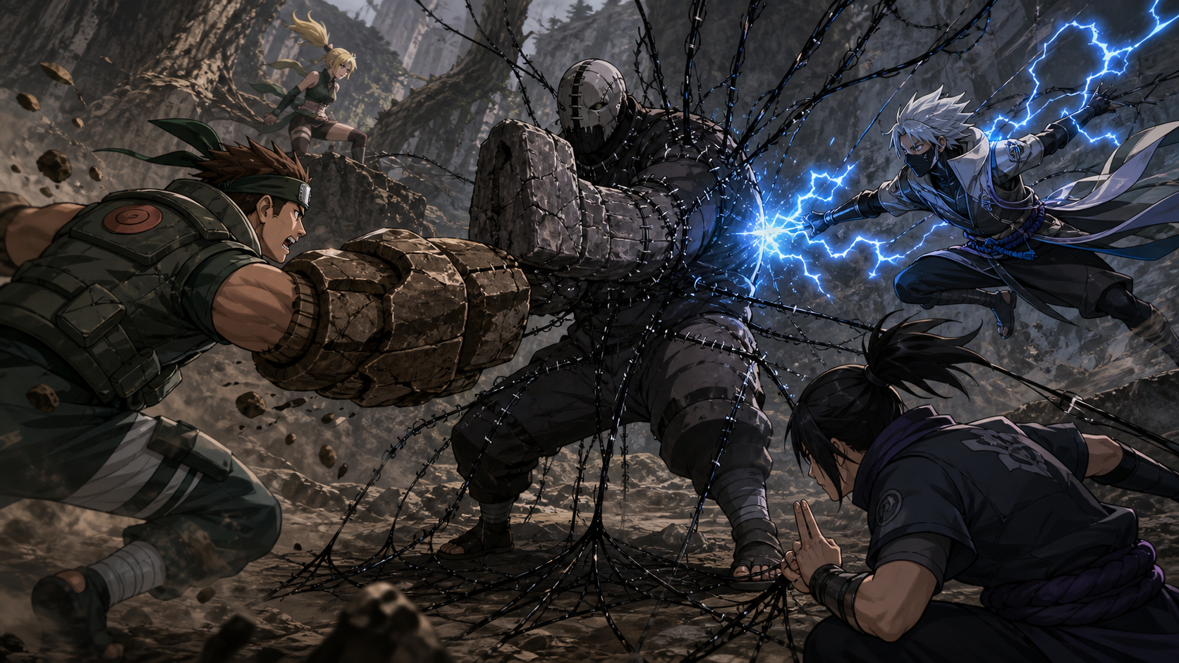 Choji and Shikamaru expose Kakuzu's hardened thread defense as Kakashi counters with Lightning Blade in Naruto Shippuden Episode 84
