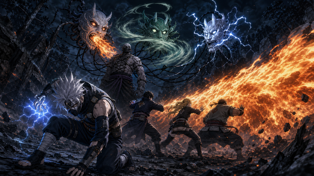 Kakuzu's stitched threads reveal three elemental mask-creatures as exhausted Kakashi and Team Ten resist a fire attack in Naruto Shippuden Episode 85