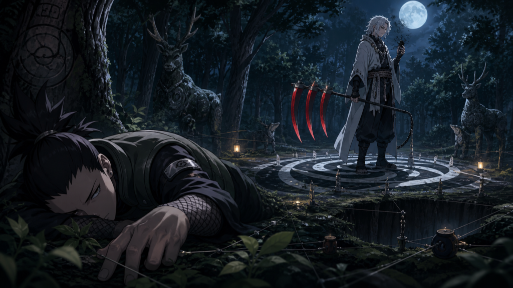 Shikamaru appears defeated while Hidan enters a ritual circle inside a concealed Nara forest trap in Naruto Shippuden Episode 86