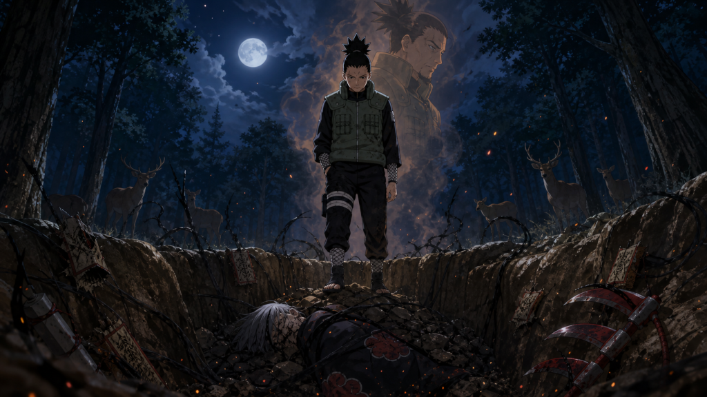 Shikamaru stands above Hidan's prepared grave in the moonlit Nara forest as Asuma's memory rises through drifting smoke in Naruto Shippuden Episode 87