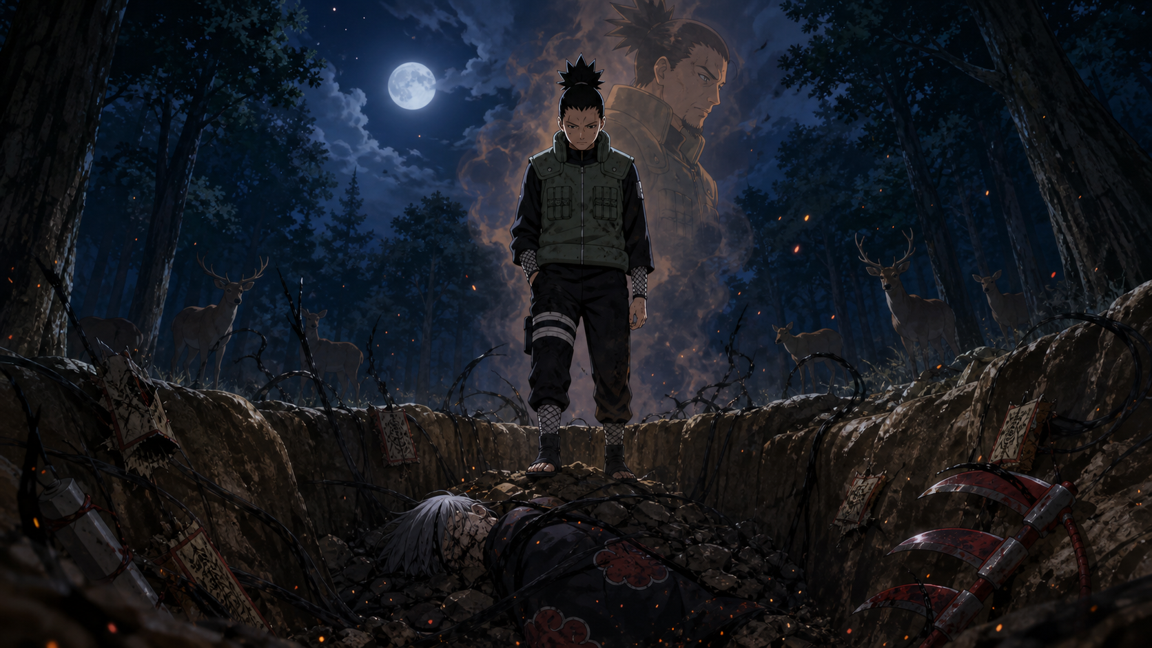 Shikamaru stands above Hidan's prepared grave in the moonlit Nara forest as Asuma's memory rises through drifting smoke in Naruto Shippuden Episode 87