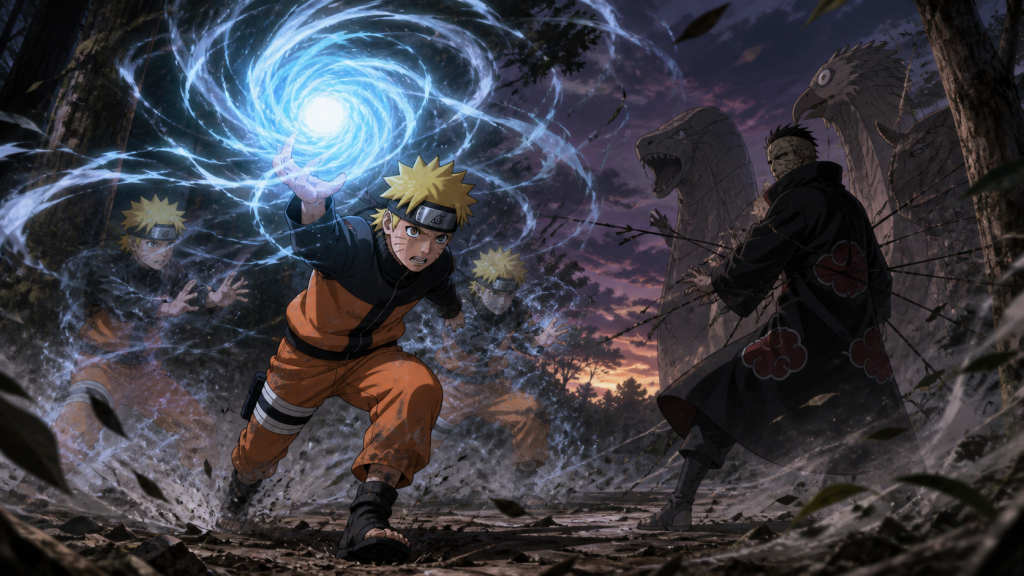 Naruto charges Kakuzu with an unstable Wind Style Rasen Shuriken while two shadow clones and Kakuzu's elemental masks frame the battlefield in Naruto Shippuden Episode 88