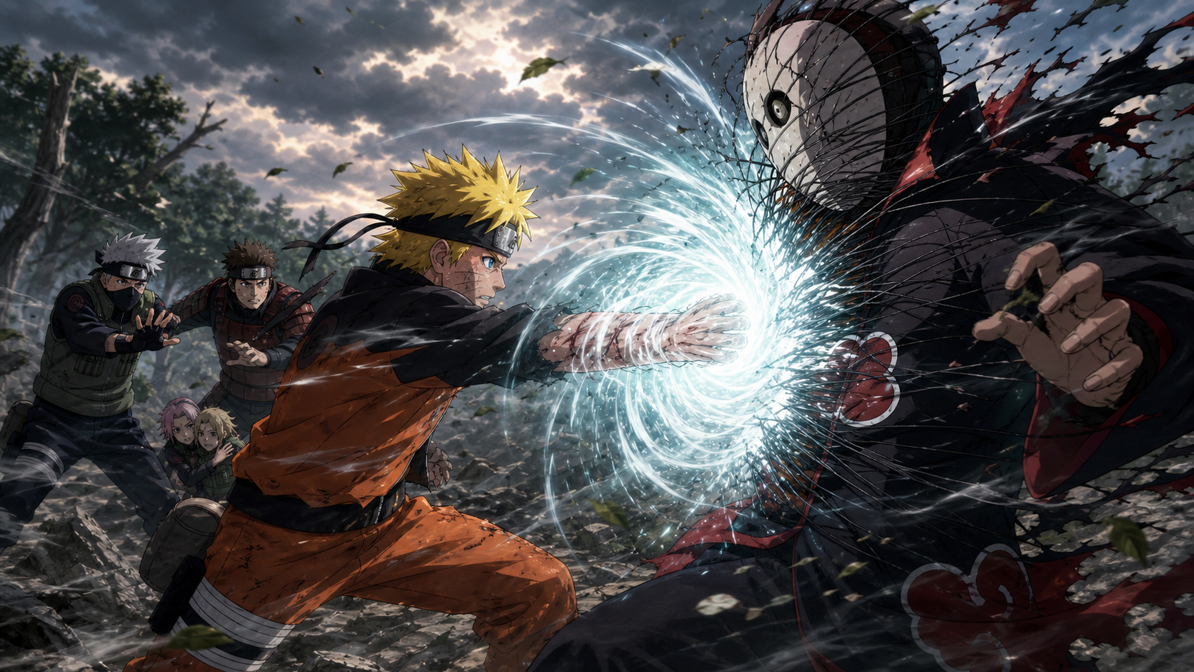 Naruto lands a close-range Wind Style Rasen Shuriken on Kakuzu while Kakashi and Yamato shield their teammates from the blast in Naruto Shippuden Episode 89
