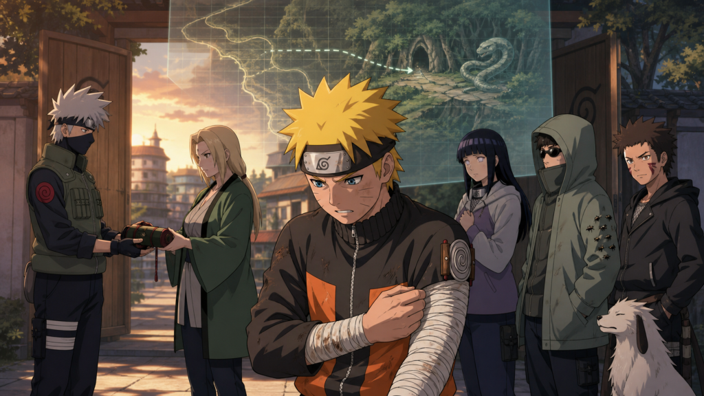 Naruto studies his bandaged arm as Tsunade dispatches Kakashi, Hinata, Shino, Kiba and Akamaru toward Orochimaru's discovered hideout in Naruto Shippuden Episode 90