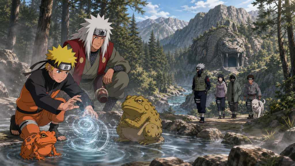 Naruto trains collaboration ninjutsu with Jiraiya and two toads near hot springs as Kakashi's tracking team approaches Orochimaru's cave hideout in Naruto Shippuden Episode 91
