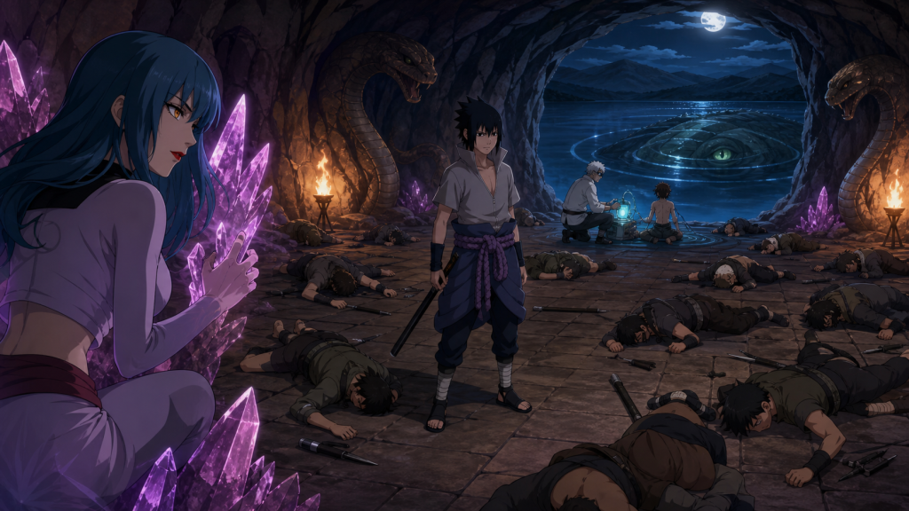 Guren watches Sasuke after he defeats many opponents without killing them as Kabuto and Yukimaru stir the Three-Tails beneath a moonlit lake in Naruto Shippuden Episode 92
