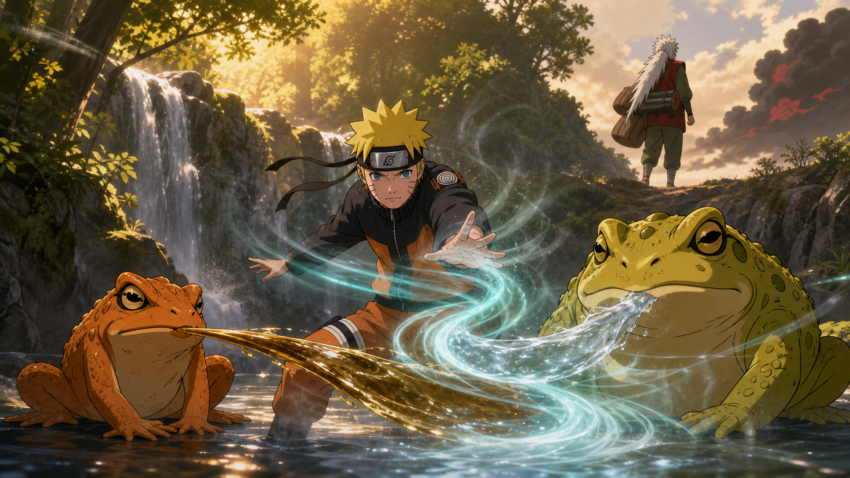 Naruto synchronizes wind with Gamakichi's oil and Gamatatsu's water at a waterfall as Jiraiya leaves to investigate Akatsuki in Naruto Shippuden Episode 93