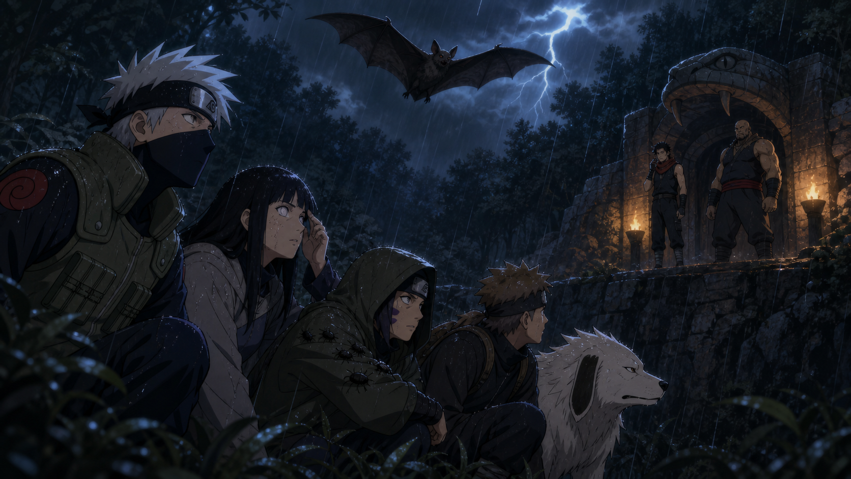 Kakashi, Hinata, Shino, Kiba and Akamaru detect Rinji's surveillance bat while Rinji and Gozu guard a hideout across a rain-soaked ravine in Naruto Shippuden Episode 94