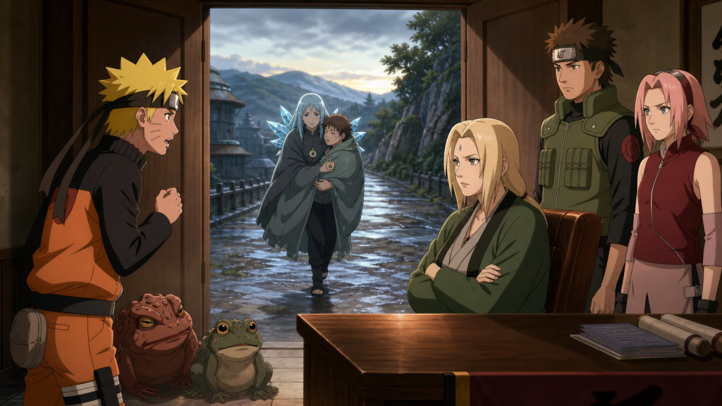 Naruto asks Tsunade to join Team Yamato's reinforcement mission as Guren carries Yukimaru and their matching protective charms along a rain-cleared road in Naruto Shippuden Episode 95