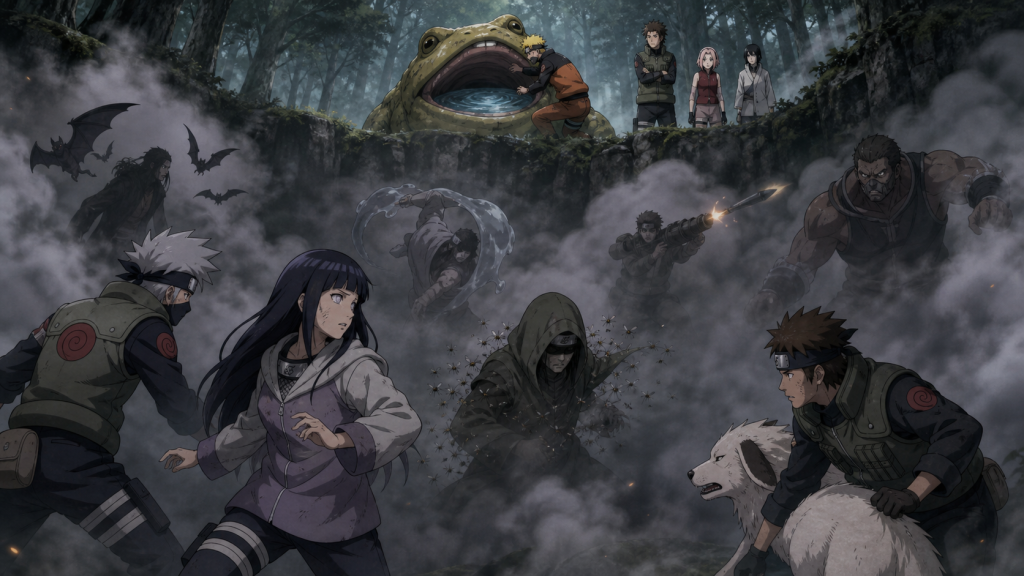 Kakashi's tracking team faces Guren's four specialists inside dense smoke as Naruto studies the water reservoir inside Gamatatsu in Naruto Shippuden Episode 96