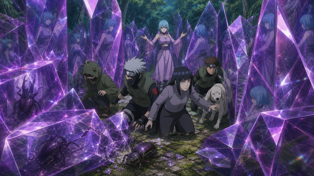 Guren surrounds Kakashi, Hinata, Shino, Kiba and Akamaru with deceptive violet crystal reflections in Naruto Shippuden Episode 97