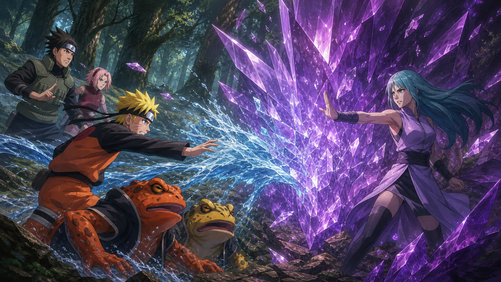Naruto and two ninja toads launch a water collaboration jutsu as Guren crystallizes and repels it in Naruto Shippuden Episode 98